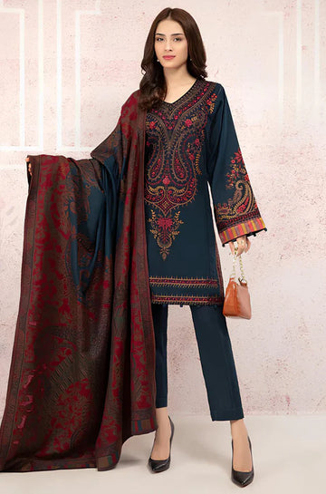 Winter 3PC Khaddar Embroidered Suit with Printed Wool Shawl